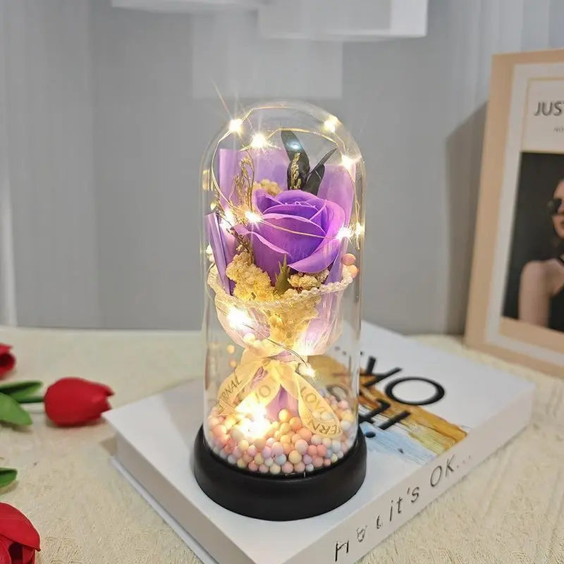Lighted Acrylic Dome Eternal Flower Bouquet - Preserved Soap Roses, Carnations, Tulips, 3 Pink Flowers, Decor Ornaments, Room Decor, Valentine Floral, Mother’S Day Gift for Mom,Summervibes