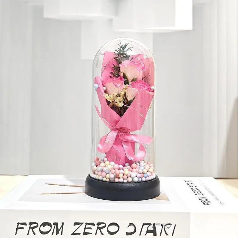 Lighted Acrylic Dome Eternal Flower Bouquet - Preserved Soap Roses, Carnations, Tulips, 3 Pink Flowers, Decor Ornaments, Room Decor, Valentine Floral, Mother’S Day Gift for Mom,Summervibes