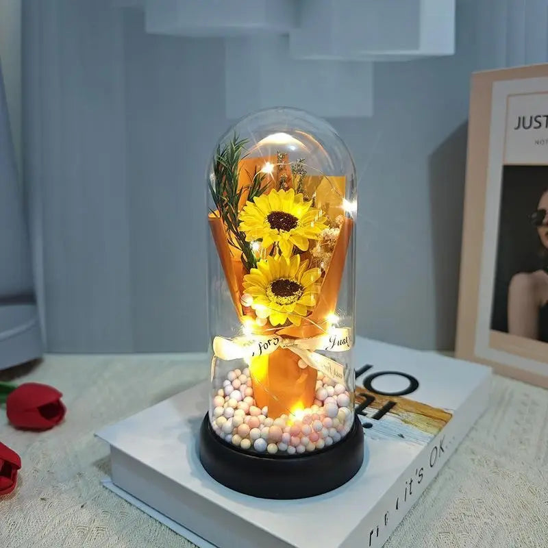 Lighted Acrylic Dome Eternal Flower Bouquet - Preserved Soap Roses, Carnations, Tulips, 3 Pink Flowers, Decor Ornaments, Room Decor, Valentine Floral, Mother’S Day Gift for Mom,Summervibes