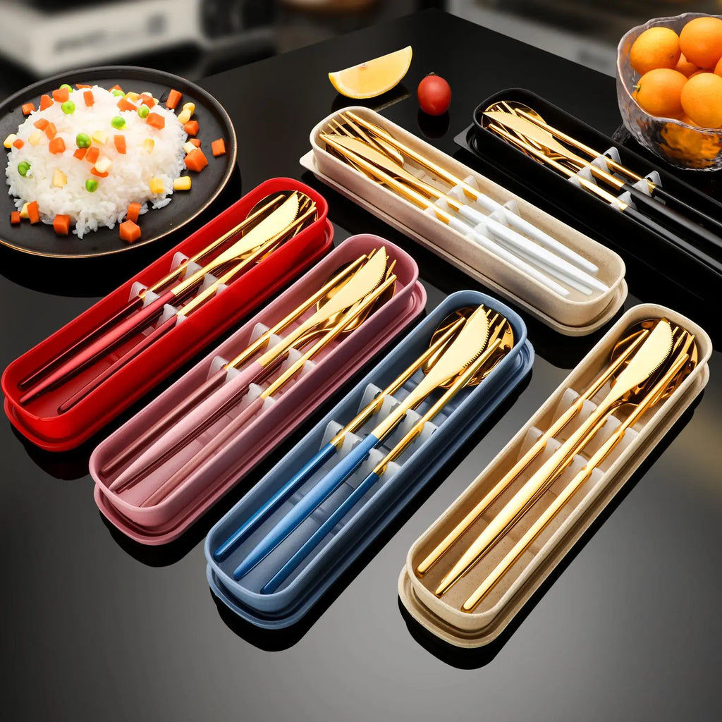 4-Piece Stainless Steel Gold Cutlery Set with Storage Box, Portable Reusable Utensils for Home, Office, School, Camping and Travel, Household Tableware for Daily Use #GLOBAL PICKS