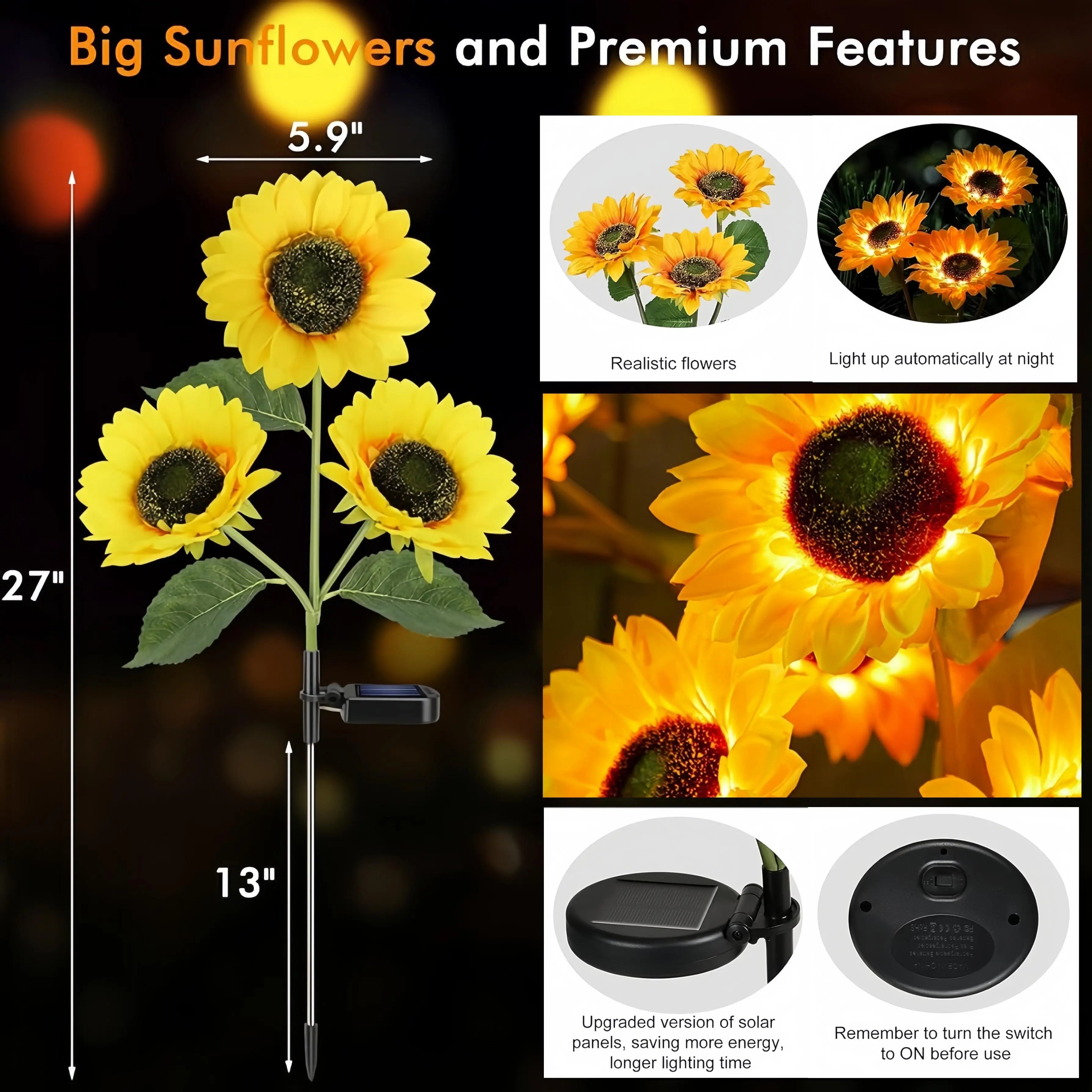 4-Pack Solar LED Sunflower Garden Lights, Energy Efficient Garden Lighting Decorations, Night Lights for Terrace, Lawn, Deck and Porch Decorations, IPX4 Waterproof, Durable Plastic Flower Solar Garden Lights