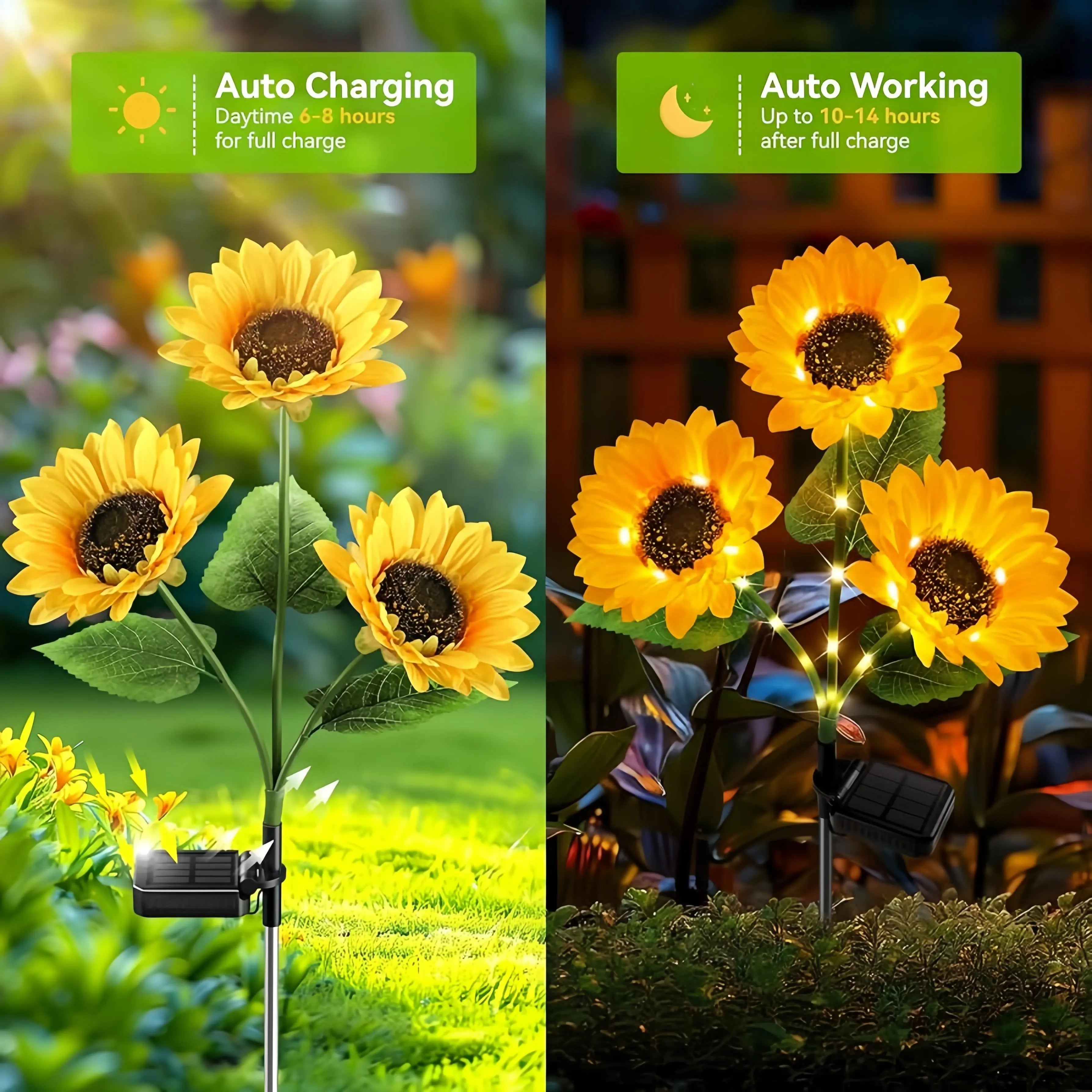 4-Pack Solar LED Sunflower Garden Lights, Energy Efficient Garden Lighting Decorations, Night Lights for Terrace, Lawn, Deck and Porch Decorations, IPX4 Waterproof, Durable Plastic Flower Solar Garden Lights