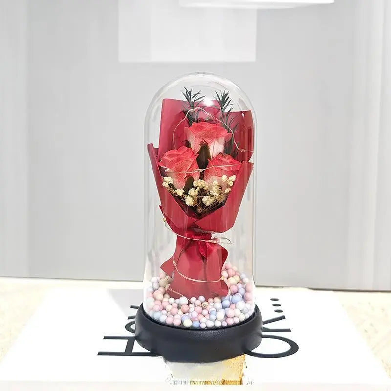 Lighted Acrylic Dome Eternal Flower Bouquet - Preserved Soap Roses, Carnations, Tulips, 3 Pink Flowers, Decor Ornaments, Room Decor, Valentine Floral, Mother’S Day Gift for Mom,Summervibes