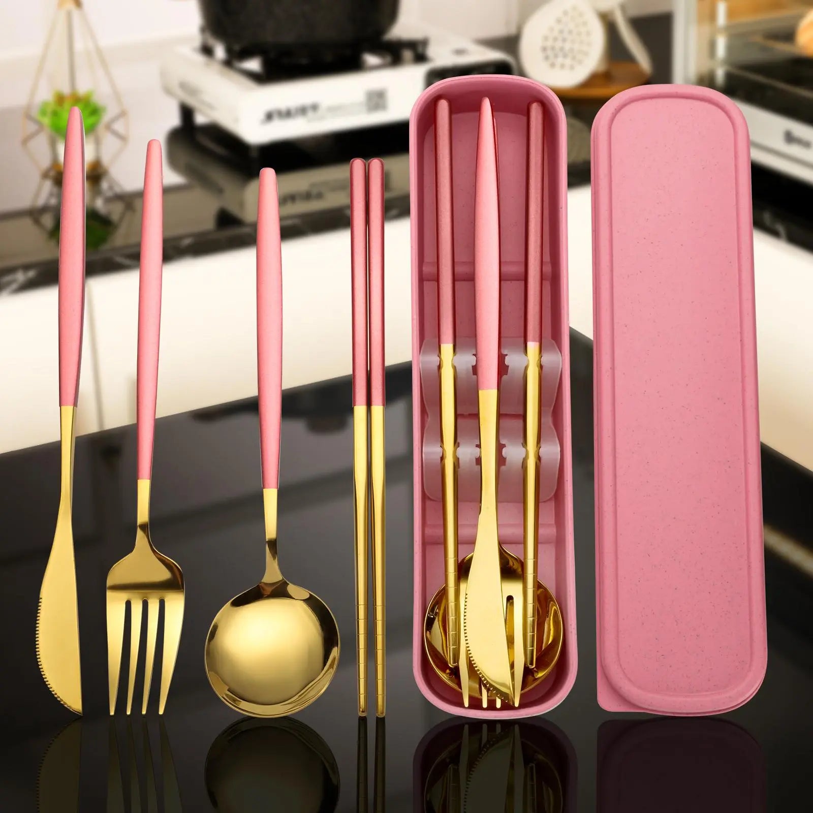4-Piece Stainless Steel Gold Cutlery Set with Storage Box, Portable Reusable Utensils for Home, Office, School, Camping and Travel, Household Tableware for Daily Use #GLOBAL PICKS