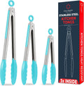 Kitchen Tongs with Silicone Tips Set of 3 Heat Resistant Tongs for Serving Food, 7-Inch, 9-Inch, 12-Inch Locking Silicone Tongs for Cooking, Salad Tong, Aqua Kitchen Utensils