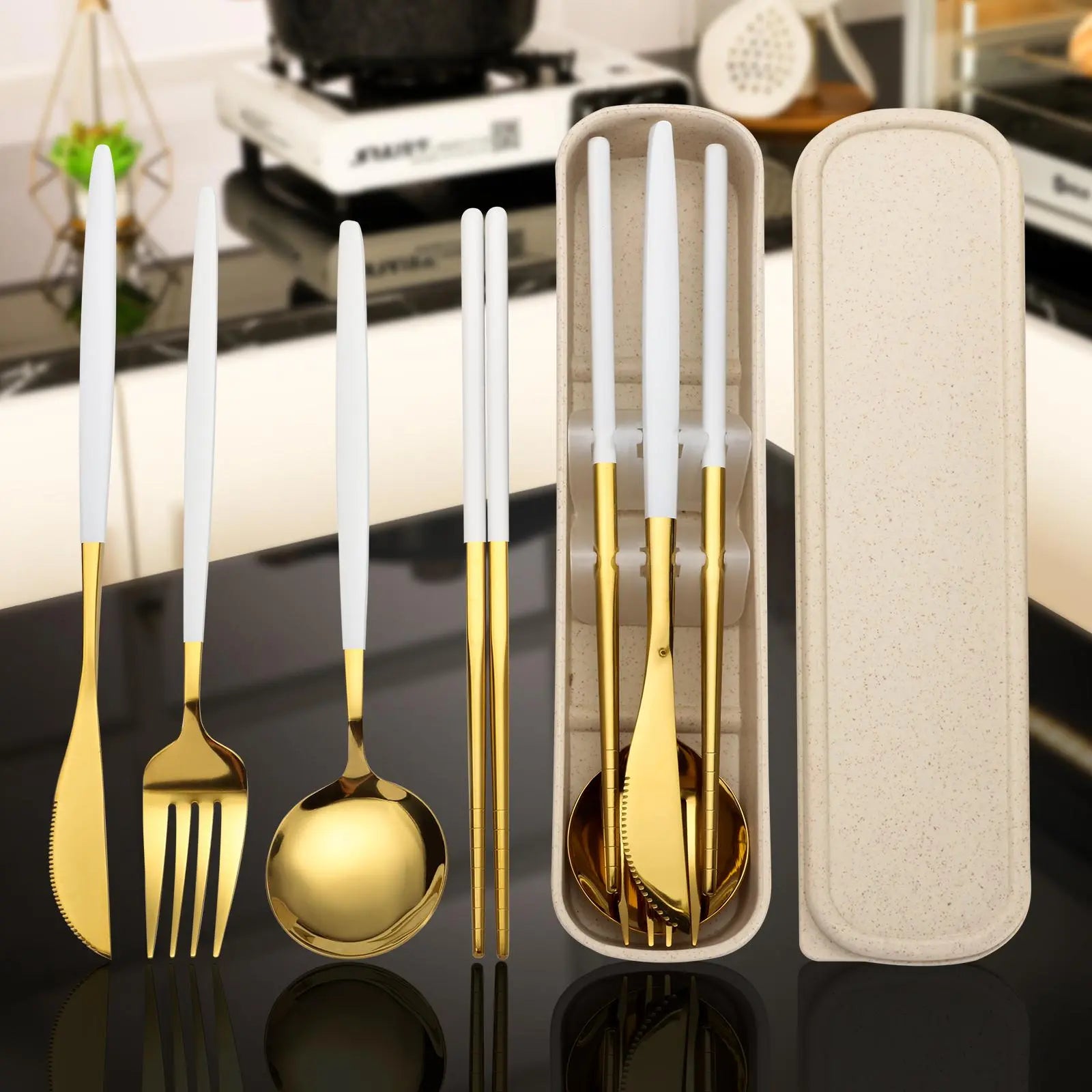 4-Piece Stainless Steel Gold Cutlery Set with Storage Box, Portable Reusable Utensils for Home, Office, School, Camping and Travel, Household Tableware for Daily Use #GLOBAL PICKS