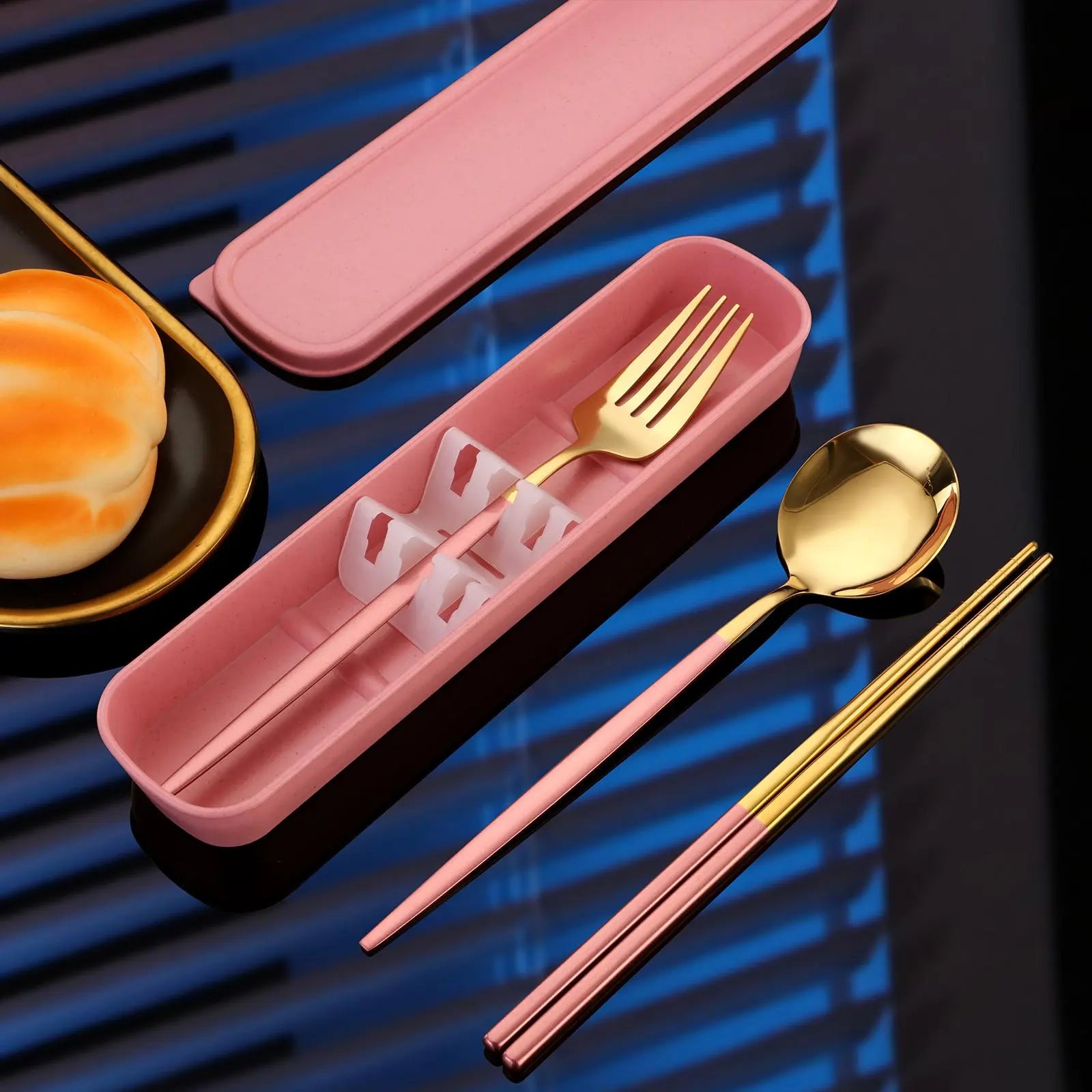 4-Piece Stainless Steel Gold Cutlery Set with Storage Box, Portable Reusable Utensils for Home, Office, School, Camping and Travel, Household Tableware for Daily Use #GLOBAL PICKS