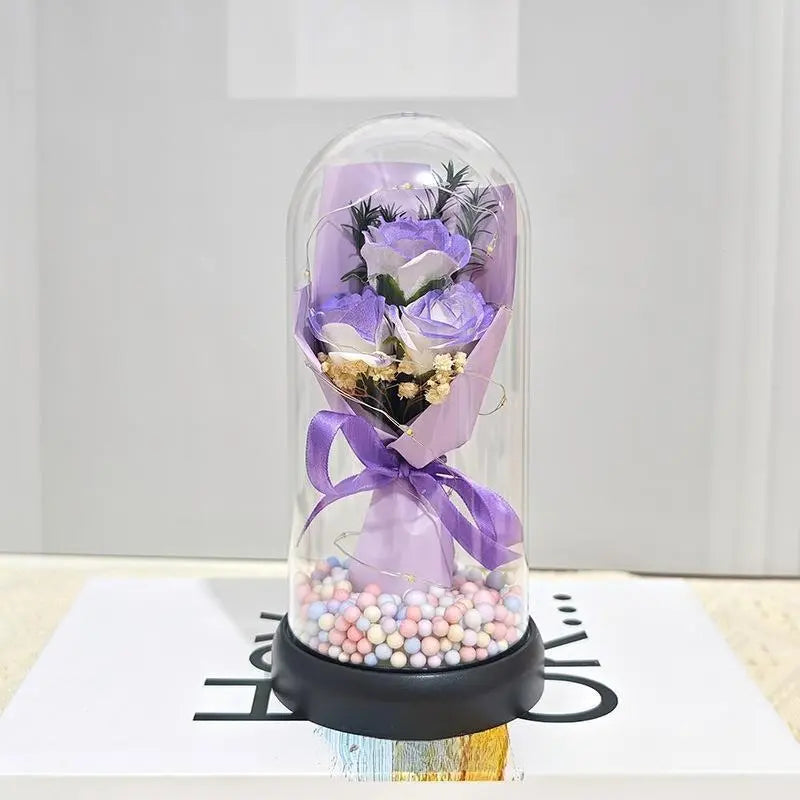 Lighted Acrylic Dome Eternal Flower Bouquet - Preserved Soap Roses, Carnations, Tulips, 3 Pink Flowers, Decor Ornaments, Room Decor, Valentine Floral, Mother’S Day Gift for Mom,Summervibes