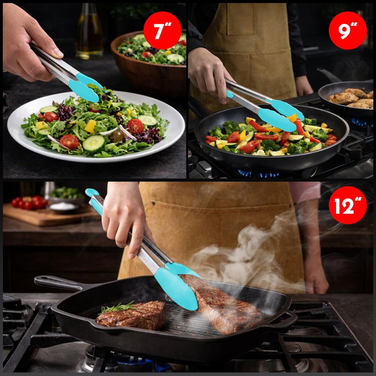 Kitchen Tongs with Silicone Tips Set of 3 Heat Resistant Tongs for Serving Food, 7-Inch, 9-Inch, 12-Inch Locking Silicone Tongs for Cooking, Salad Tong, Aqua Kitchen Utensils