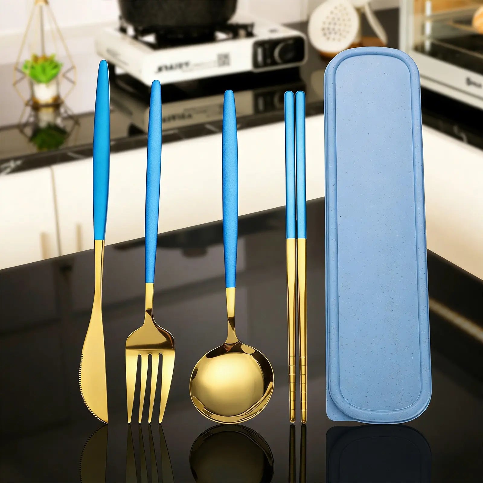 4-Piece Stainless Steel Gold Cutlery Set with Storage Box, Portable Reusable Utensils for Home, Office, School, Camping and Travel, Household Tableware for Daily Use #GLOBAL PICKS