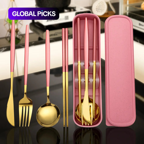 4-Piece Stainless Steel Gold Cutlery Set with Storage Box, Portable Reusable Utensils for Home, Office, School, Camping and Travel, Household Tableware for Daily Use #GLOBAL PICKS