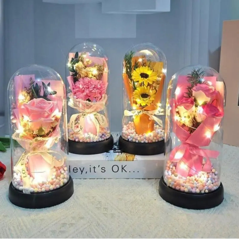 Lighted Acrylic Dome Eternal Flower Bouquet - Preserved Soap Roses, Carnations, Tulips, 3 Pink Flowers, Decor Ornaments, Room Decor, Valentine Floral, Mother’S Day Gift for Mom,Summervibes
