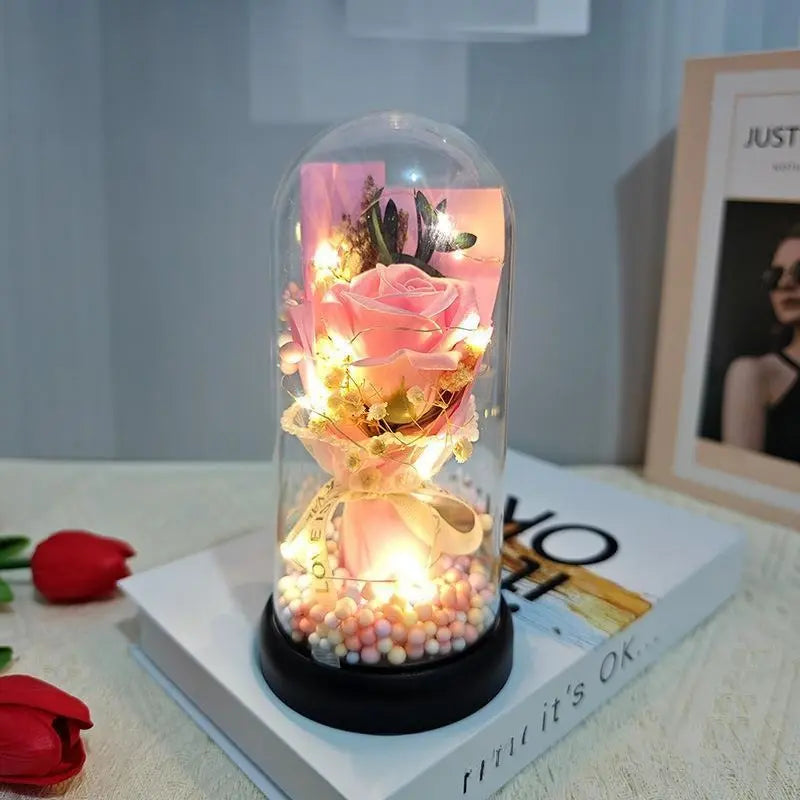 Lighted Acrylic Dome Eternal Flower Bouquet - Preserved Soap Roses, Carnations, Tulips, 3 Pink Flowers, Decor Ornaments, Room Decor, Valentine Floral, Mother’S Day Gift for Mom,Summervibes