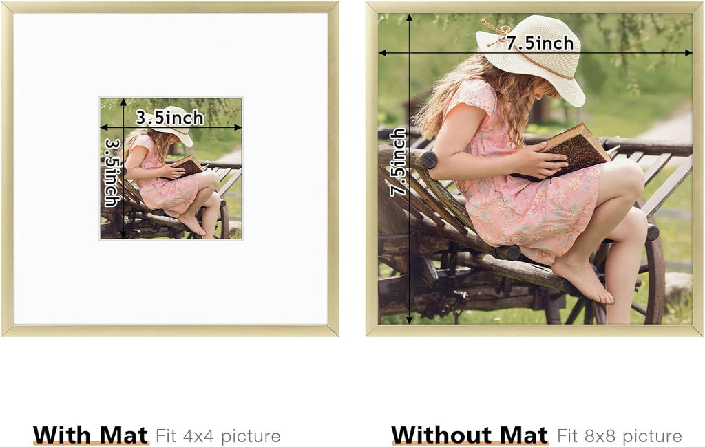 , 8X8 Aluminum Picture Frame - 8 X 8 Gold Frame with Removable Mat for 4 X 4 Photo - 8 by 8 Durable Metal Frame with Real Glass - Sawtooth Hanger for Easy Wall Display - 1 Pack