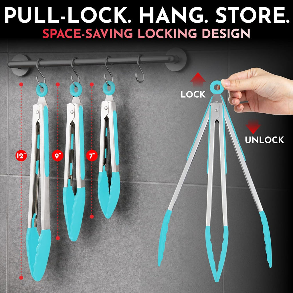 Kitchen Tongs with Silicone Tips Set of 3 Heat Resistant Tongs for Serving Food, 7-Inch, 9-Inch, 12-Inch Locking Silicone Tongs for Cooking, Salad Tong, Aqua Kitchen Utensils