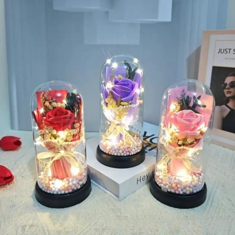 Lighted Acrylic Dome Eternal Flower Bouquet - Preserved Soap Roses, Carnations, Tulips, 3 Pink Flowers, Decor Ornaments, Room Decor, Valentine Floral, Mother’S Day Gift for Mom,Summervibes