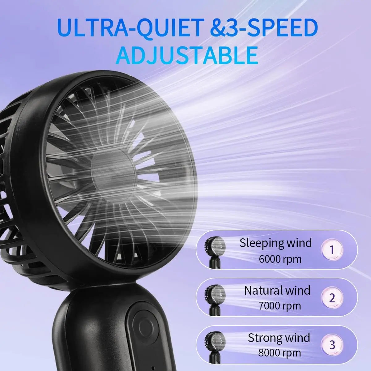 Portable Handheld Fan, USB Rechargeable Fan with 3 Speed Modes, Mini Electric Fan Eyelash Fan Small Personal Fan for Stylish Girl Kids Women Men Travel Bedroom Multiple Colors Available Office Outdoor Travel Camping