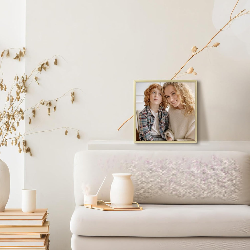, 8X8 Aluminum Picture Frame - 8 X 8 Gold Frame with Removable Mat for 4 X 4 Photo - 8 by 8 Durable Metal Frame with Real Glass - Sawtooth Hanger for Easy Wall Display - 1 Pack