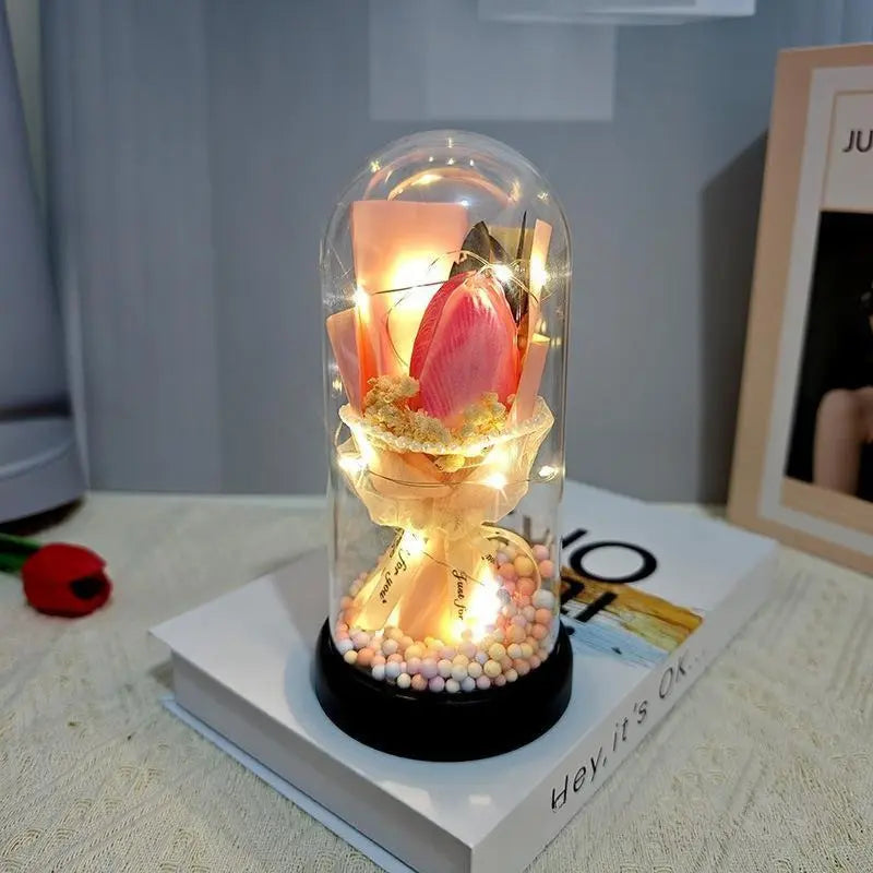 Lighted Acrylic Dome Eternal Flower Bouquet - Preserved Soap Roses, Carnations, Tulips, 3 Pink Flowers, Decor Ornaments, Room Decor, Valentine Floral, Mother’S Day Gift for Mom,Summervibes