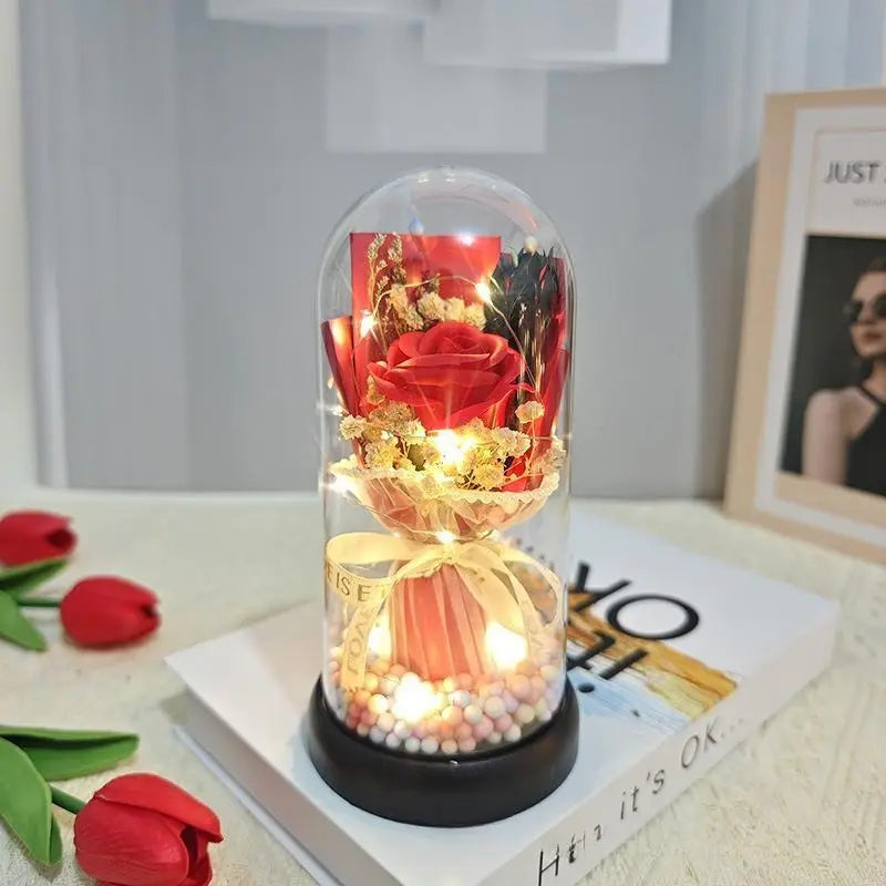 Lighted Acrylic Dome Eternal Flower Bouquet - Preserved Soap Roses, Carnations, Tulips, 3 Pink Flowers, Decor Ornaments, Room Decor, Valentine Floral, Mother’S Day Gift for Mom,Summervibes