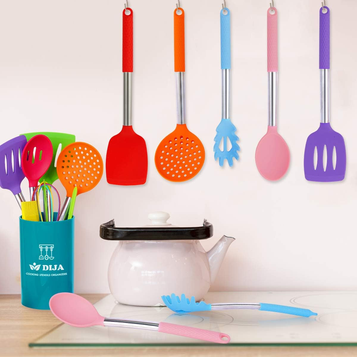 DIJA Silicone Cooking Utensils Set, 31Pcs Kitchen Utensils Set, Heat Resistant Non-Stick Silicone Spatula Set with Stainless Steel Handle Bpa-Free Kitchen Cooking Tools Set - Colorful