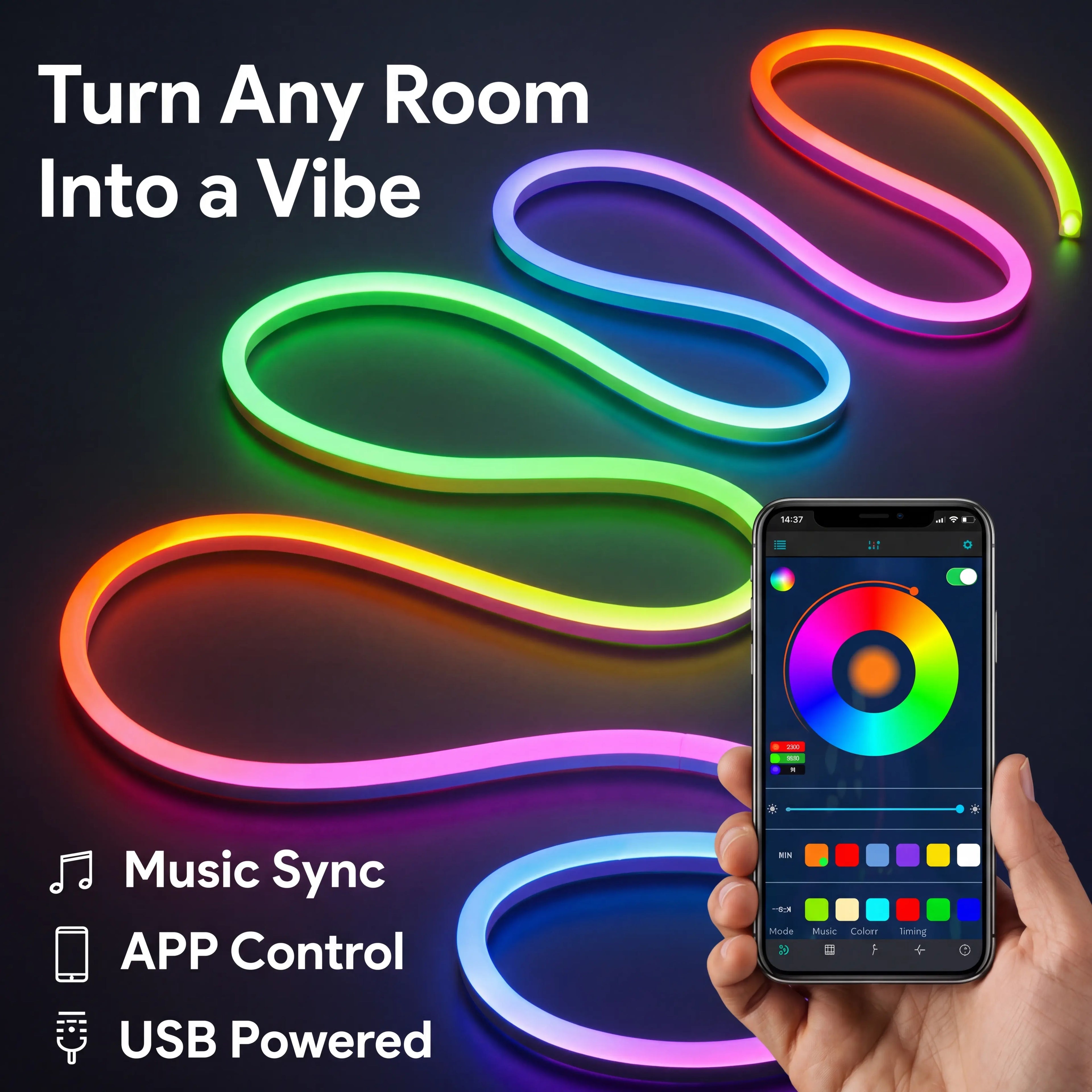 5M Rgbic,Neon Light Strip, Bluetooth APP Controlled LED Mood Lighting with Music Sync & Remote Control, USB Powered Lights for Bedroom, Gaming Room & Party Decor