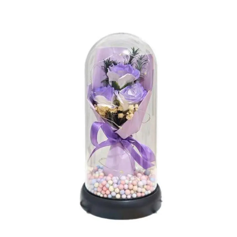 Lighted Acrylic Dome Eternal Flower Bouquet - Preserved Soap Roses, Carnations, Tulips, 3 Pink Flowers, Decor Ornaments, Room Decor, Valentine Floral, Mother’S Day Gift for Mom,Summervibes