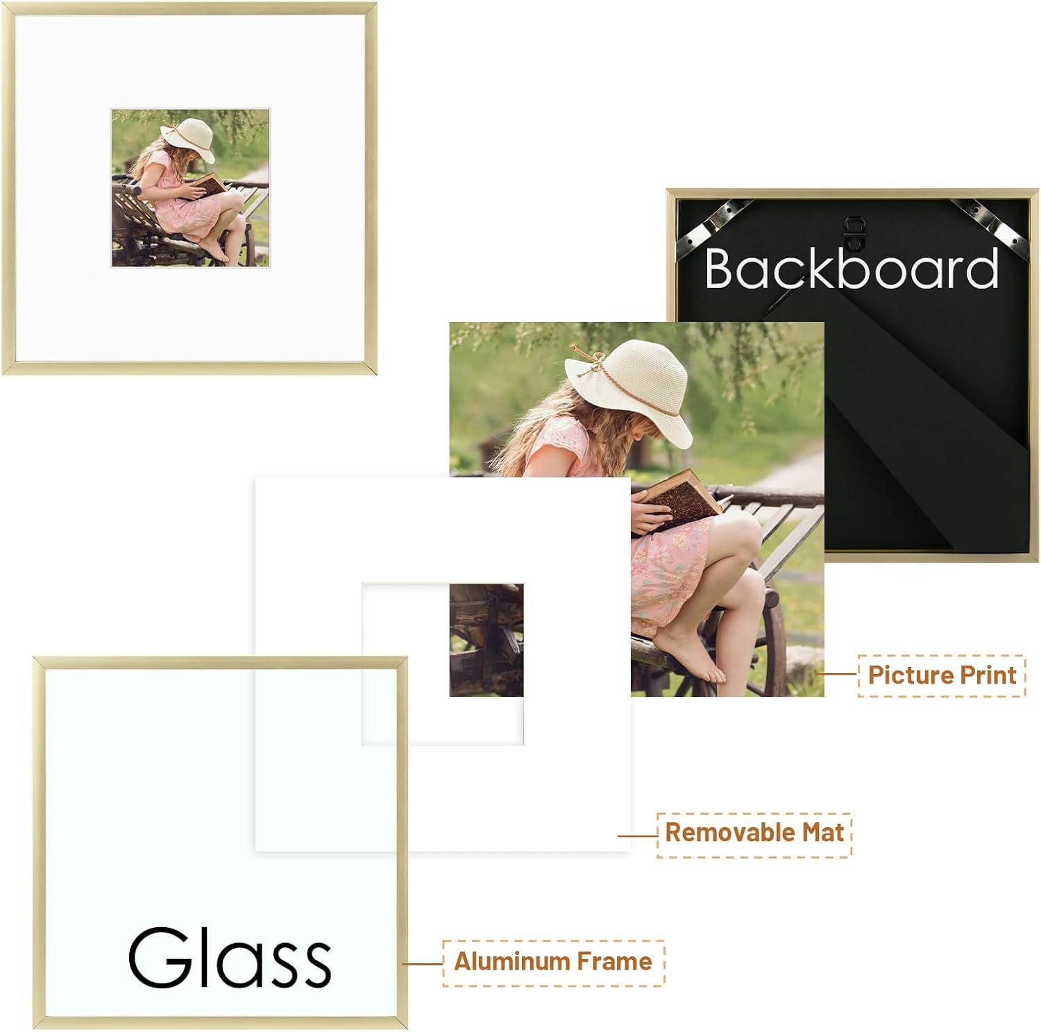 , 8X8 Aluminum Picture Frame - 8 X 8 Gold Frame with Removable Mat for 4 X 4 Photo - 8 by 8 Durable Metal Frame with Real Glass - Sawtooth Hanger for Easy Wall Display - 1 Pack
