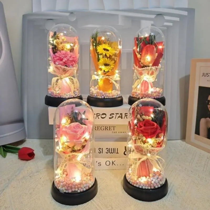 Lighted Acrylic Dome Eternal Flower Bouquet - Preserved Soap Roses, Carnations, Tulips, 3 Pink Flowers, Decor Ornaments, Room Decor, Valentine Floral, Mother’S Day Gift for Mom,Summervibes