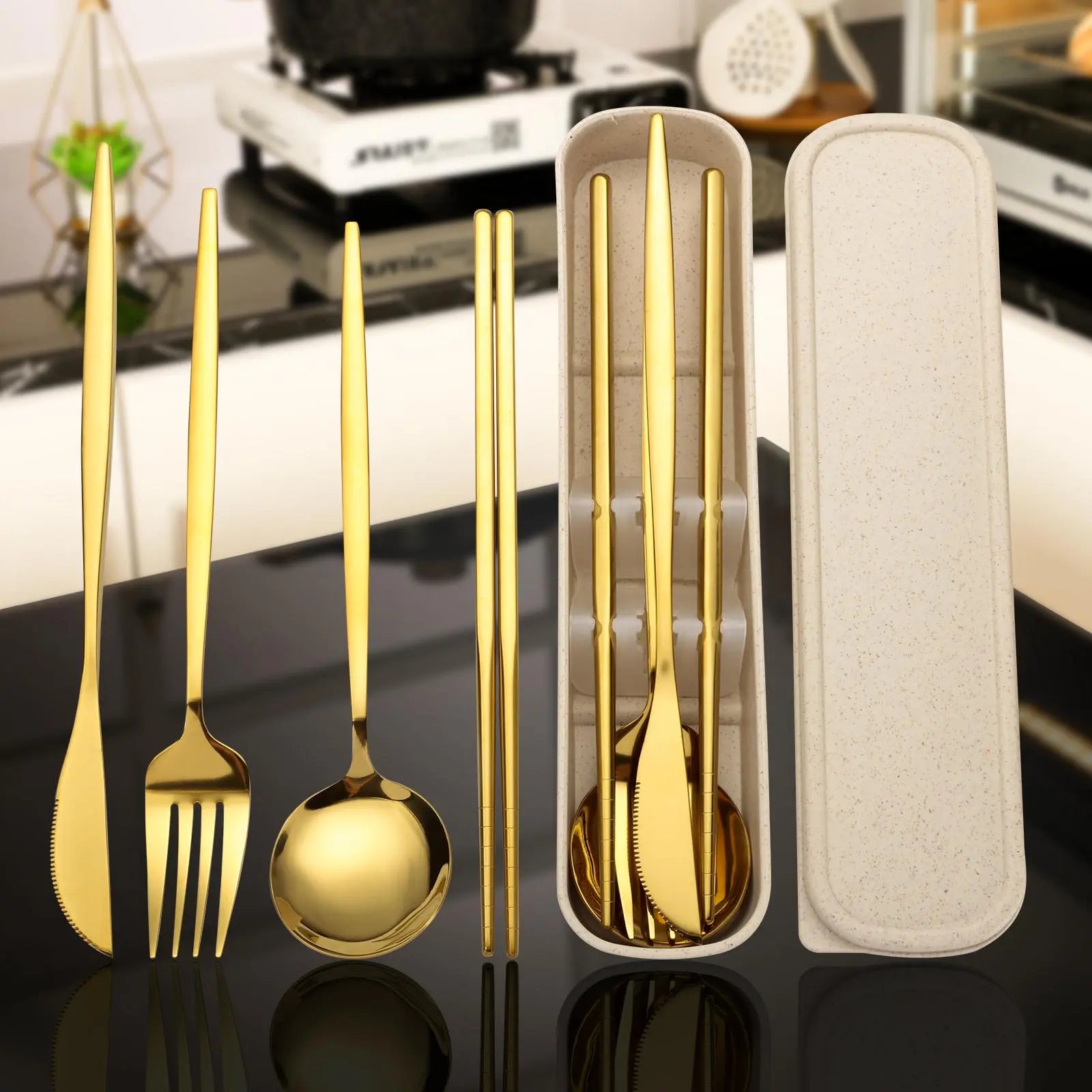 4-Piece Stainless Steel Gold Cutlery Set with Storage Box, Portable Reusable Utensils for Home, Office, School, Camping and Travel, Household Tableware for Daily Use #GLOBAL PICKS