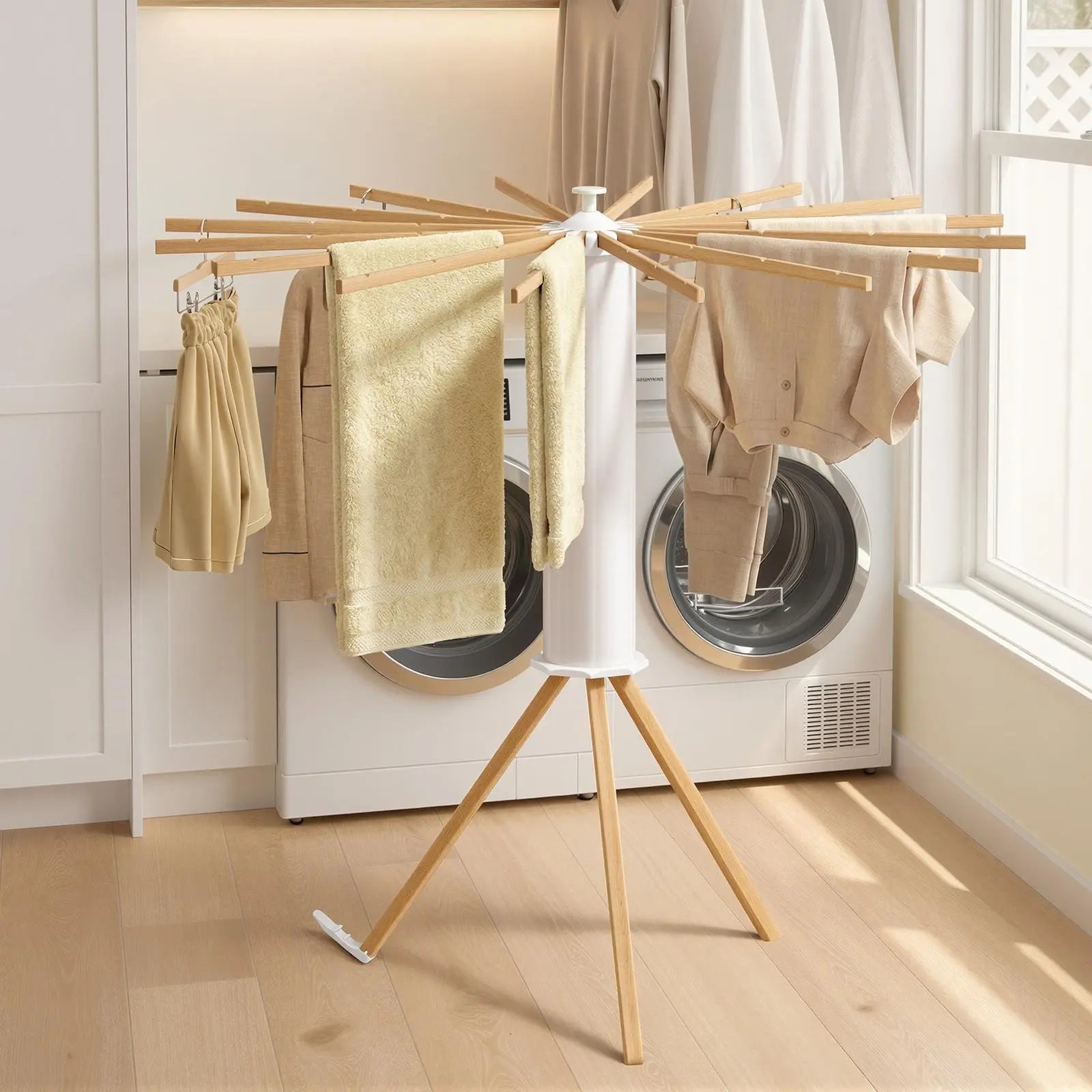 SONGMICS Clothes Drying Rack Foldable, Rotary Tripod Laundry Drying Rack, Rotatable Portable Floor Standing Clothes Airer, Laundry Room Balcony