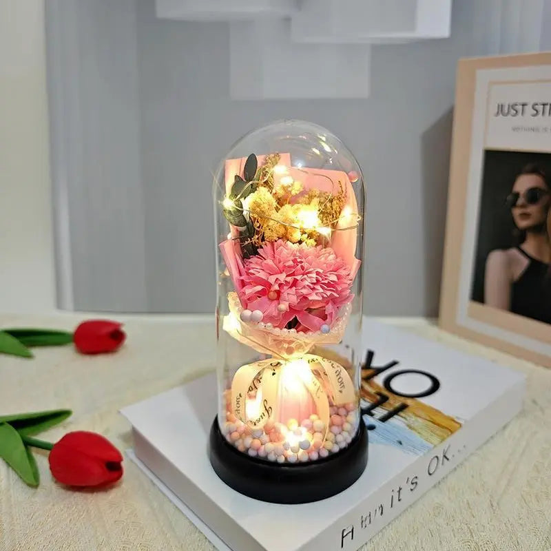 Lighted Acrylic Dome Eternal Flower Bouquet - Preserved Soap Roses, Carnations, Tulips, 3 Pink Flowers, Decor Ornaments, Room Decor, Valentine Floral, Mother’S Day Gift for Mom,Summervibes