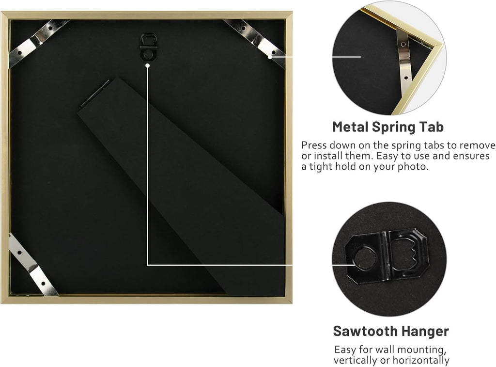 , 8X8 Aluminum Picture Frame - 8 X 8 Gold Frame with Removable Mat for 4 X 4 Photo - 8 by 8 Durable Metal Frame with Real Glass - Sawtooth Hanger for Easy Wall Display - 1 Pack